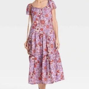 Knox Rose | Purple Floral Tiered Midi Dress | Medium